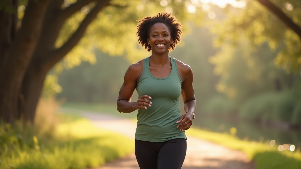 Active woman walking Spring Creek Greenway trail showing energy and vitality from tirzepatide weight loss results
