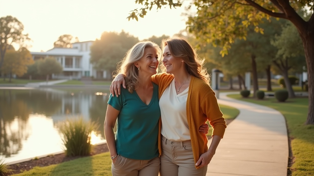 Two women celebrating tirzepatide weight loss before and after success together at Hughes Landing waterfront
