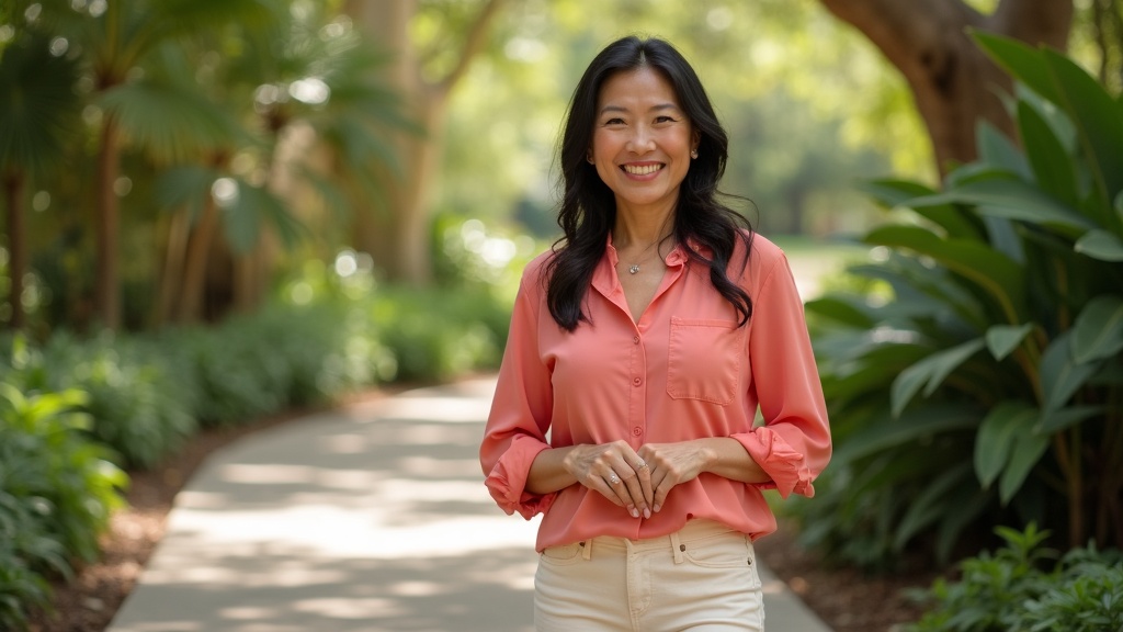 Woman at Mercer Arboretum showing confident results from physician-supervised tirzepatide weight loss program
