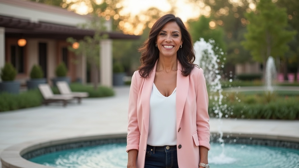 Woman celebrating tirzepatide weight loss before and after results at Town Green Park The Woodlands with confident smile