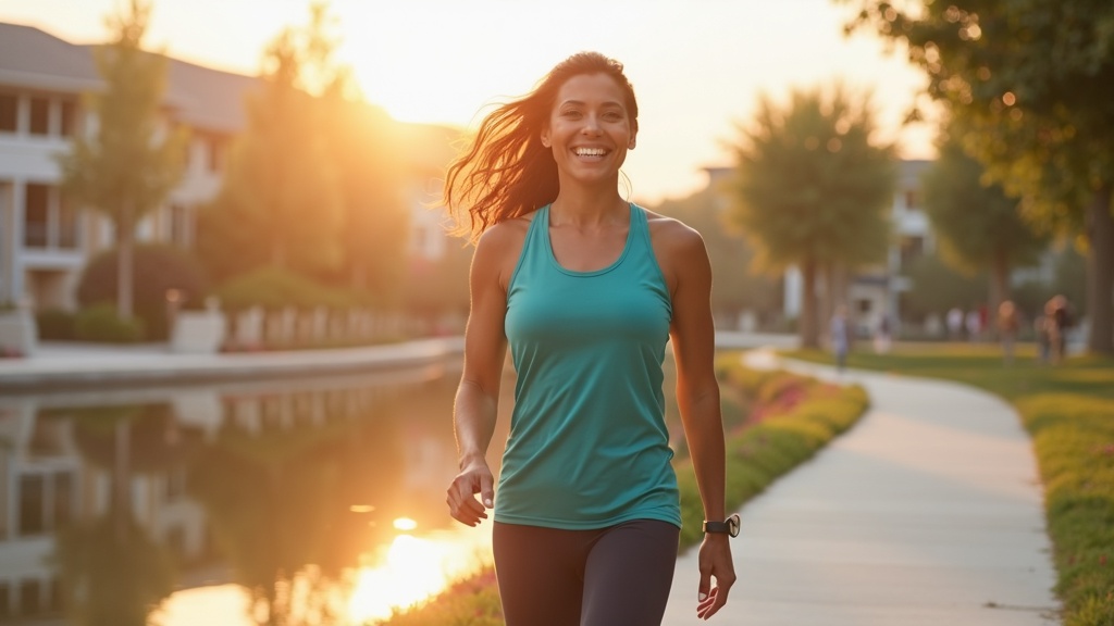 Woman walking confidently along Hughes Landing waterfront after semaglutide weight loss showing renewed energy and body confidence
