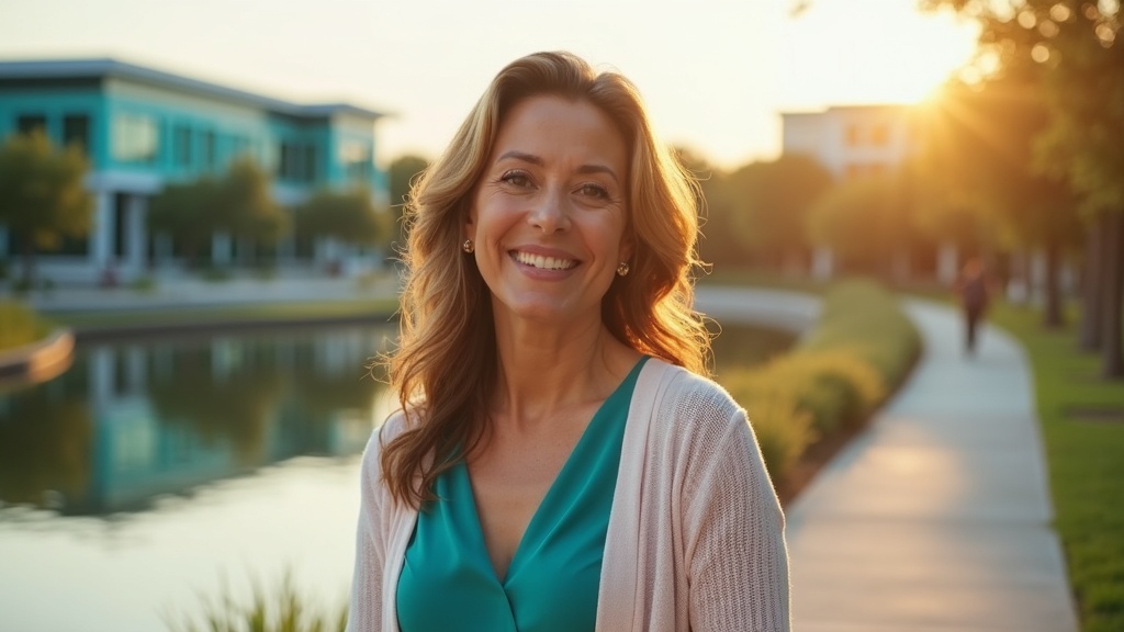 Woman with naturally refreshed skin near Hughes Landing waterfront showing neurotoxin duration factors results in Spring TX