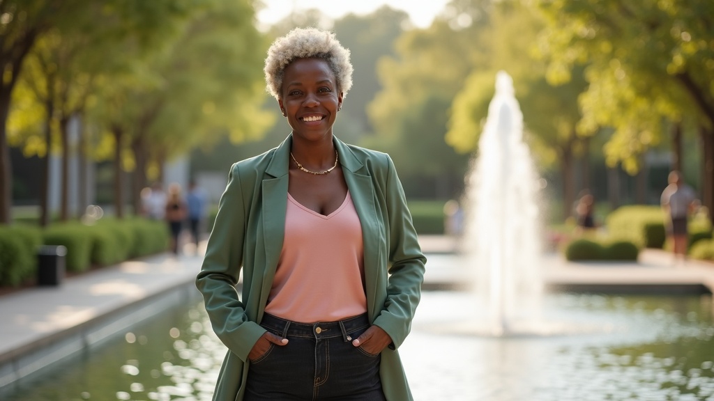 Active woman walking outdoors at Town Green Park in The Woodlands on a bright morning