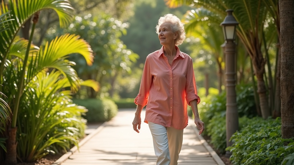Confident woman smiling outdoors near blooming trees at a local park