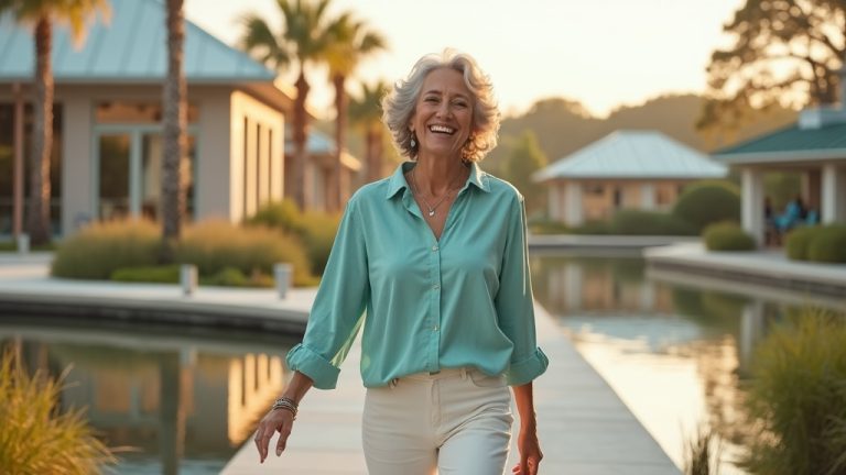 Woman experiencing renewed energy after hormone pellet delivery system therapy walking Hughes Landing waterfront in Spring TX