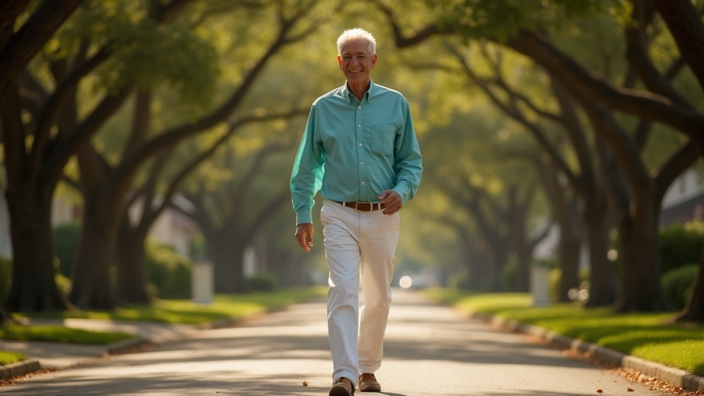 Man walking outdoors confidently on a bright sunny day