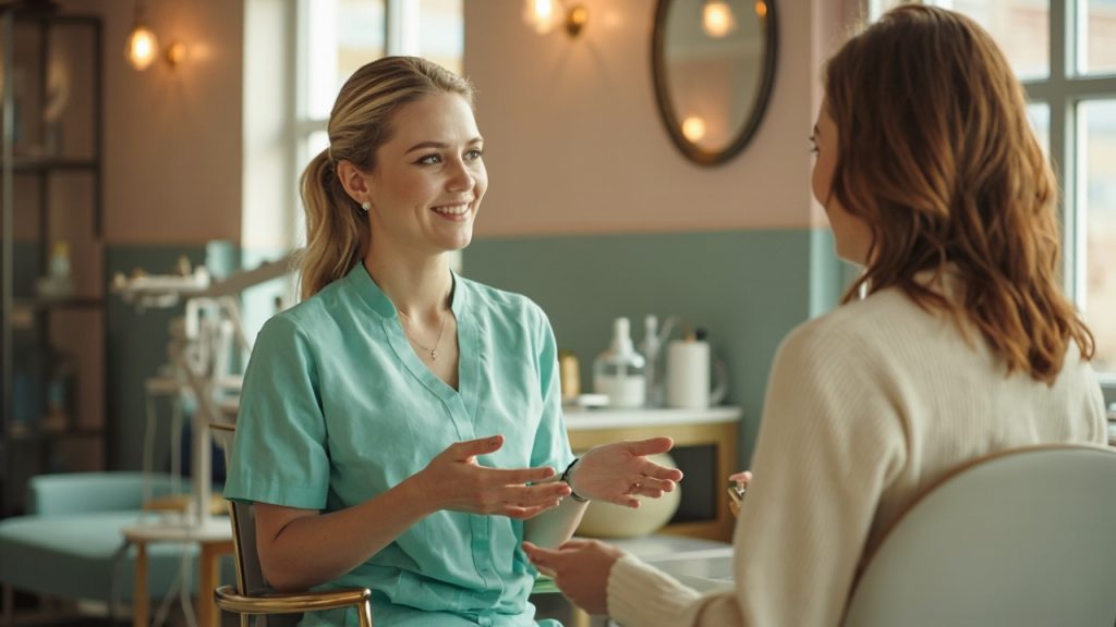 Physician discussing perimenopause vs menopause hormone changes with patient during consultation at Harmony Aesthetics