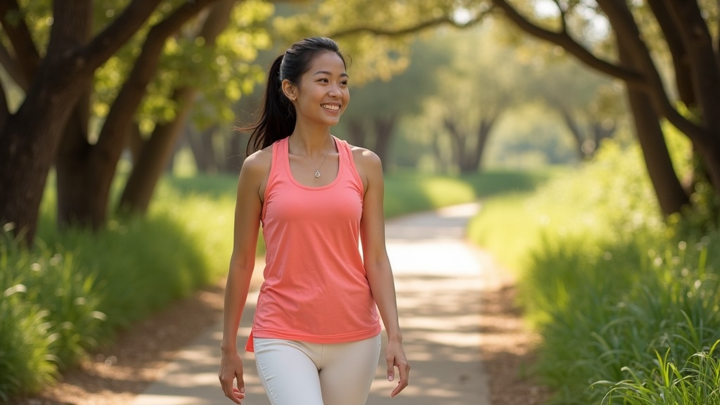 Woman walking an outdoor nature trail on a bright morning