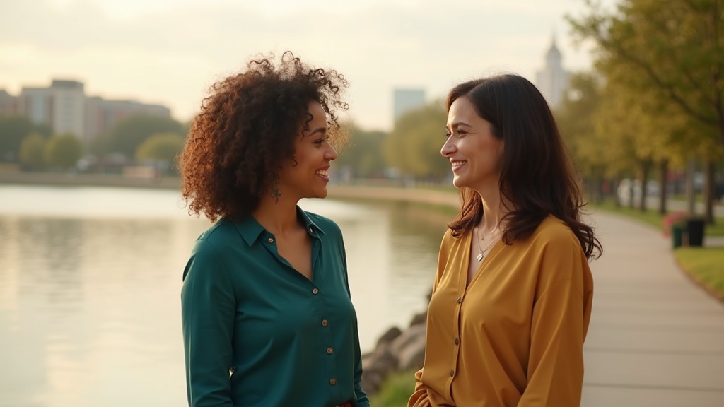 Two women having a conversation at a waterfront park