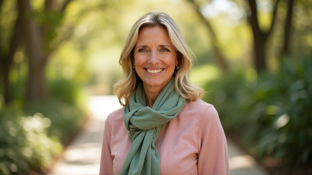 Confident woman enjoying the outdoors at a botanical garden with a renewed sense of vitality