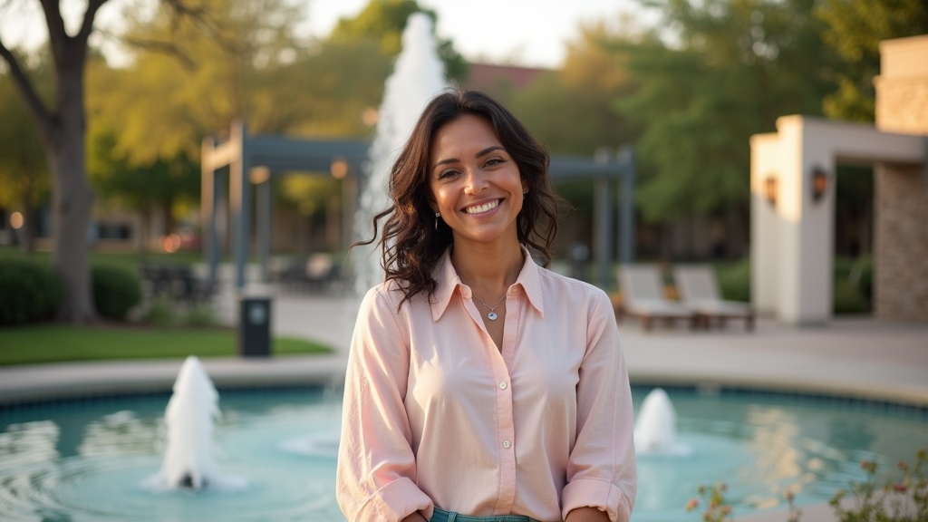 Confident woman in her 40s smiling at Town Green Park representing perimenopause vs menopause wellness journey