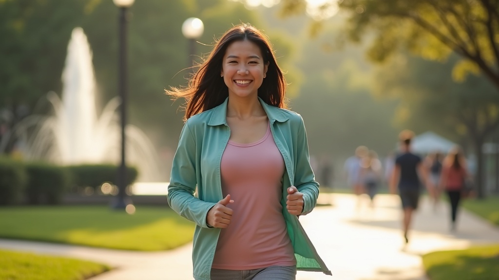 Active woman walking through Town Green Park in The Woodlands