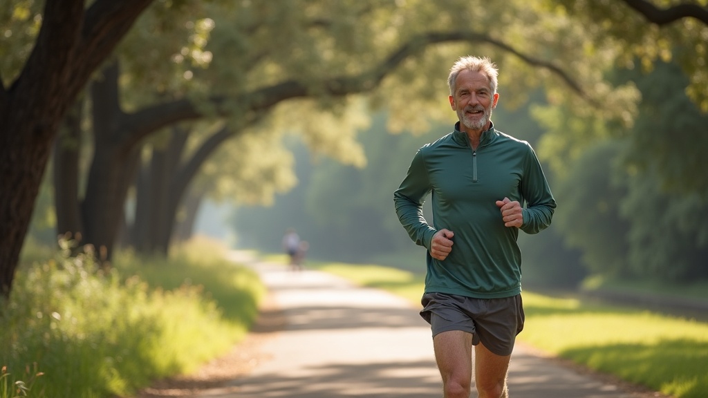 Active man jogging along Spring Creek Greenway trail in Spring Texas