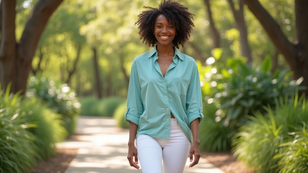Woman walking through Mercer Arboretum gardens in Spring Texas