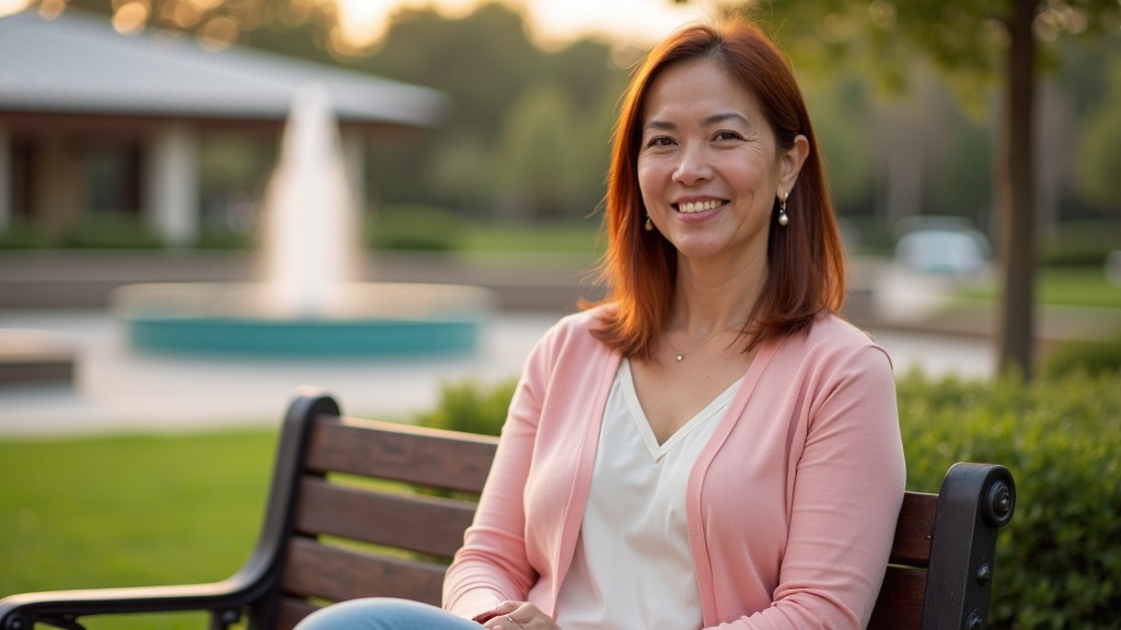 Woman relaxing on a bench at Town Green Park in The Woodlands Texas