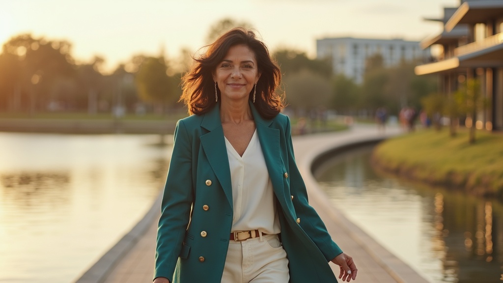 Woman walking confidently along Hughes Landing waterfront after NAD IV therapy in The Woodlands Texas