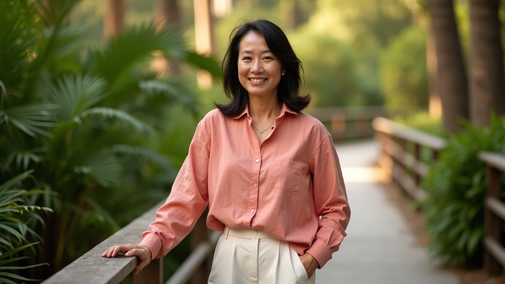 Woman at Mercer Arboretum celebrating successful weight loss results in North Houston TX