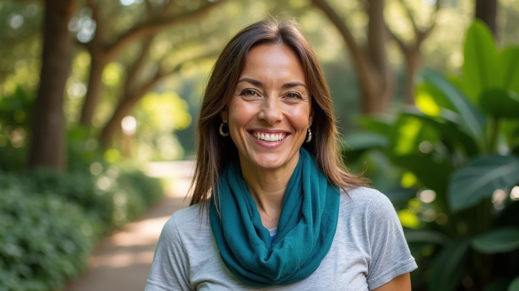 Woman smiling confidently at Mercer Arboretum after successful tirzepatide dosing for weight loss in North Houston