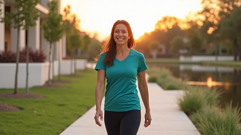Woman walking confidently along Hughes Landing waterfront after successful tirzepatide dosing for weight loss in Spring TX