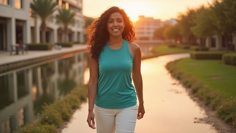 Woman walking confidently along Hughes Landing waterfront after successful semaglutide vs tirzepatide weight loss treatment in Spring TX