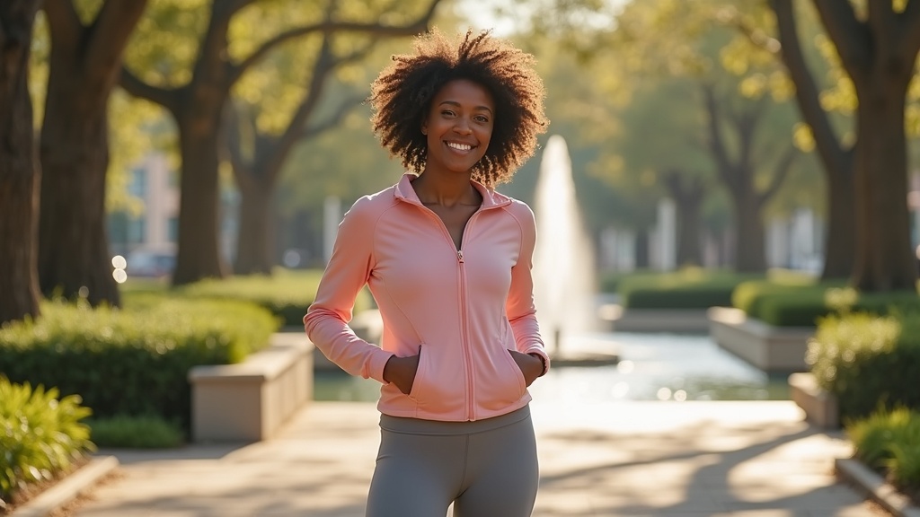 Woman walking outdoors in The Woodlands, Texas on a tree-lined path in morning light