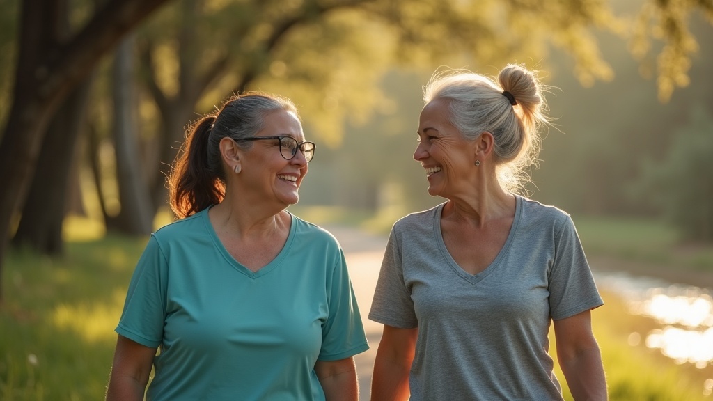 Two women walking together on the Spring Creek Greenway trail in Spring, Texas on a sunny day