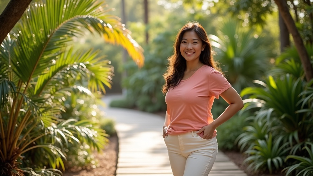 Woman walking outdoors at Mercer Arboretum in Spring, Texas surrounded by greenery on a clear day