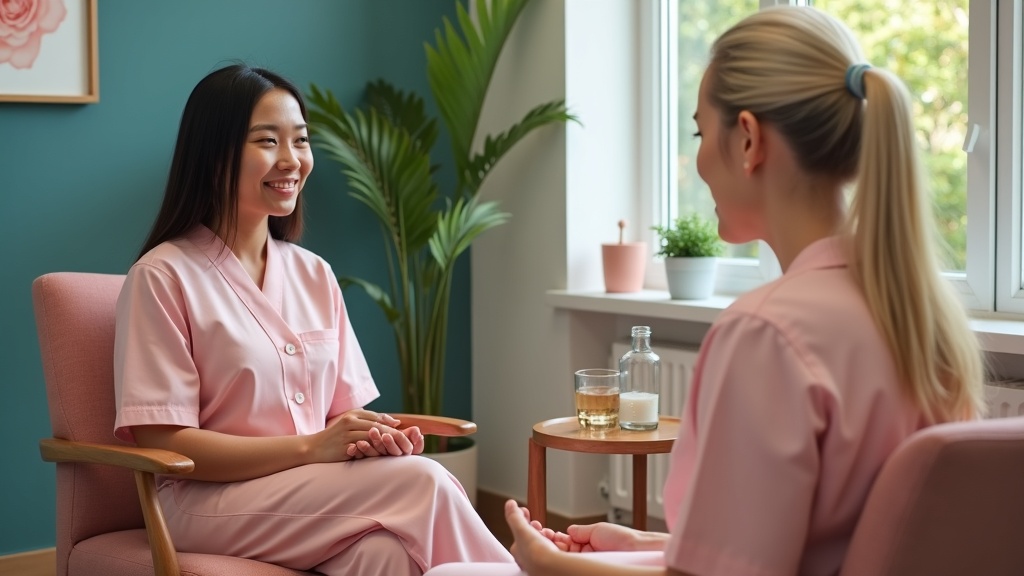 Woman at an outdoor social gathering, conversing with friends, representing patients navigating active social lives during weight loss treatment