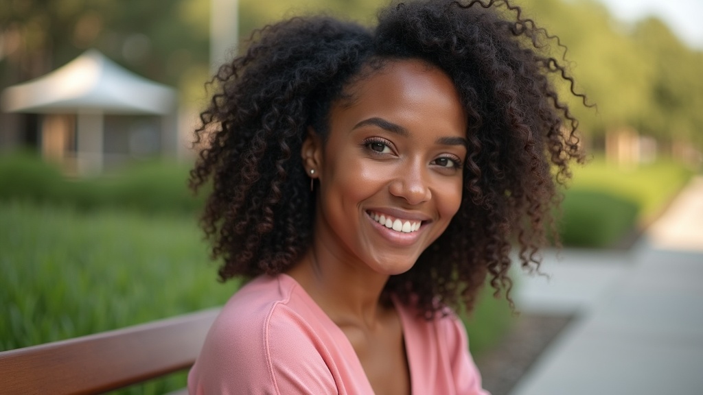 Woman with healthy natural curls showing results of PRP hair restoration therapy in The Woodlands