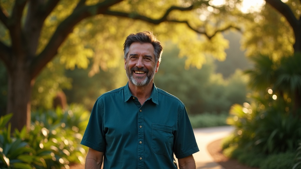 Man with healthy full hair walking confidently after PRP vs exosome therapy hair treatment in North Houston