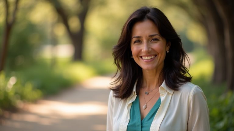 Woman with healthy thick hair smiling confidently on Spring Creek trail after PRP vs exosome therapy hair restoration treatment