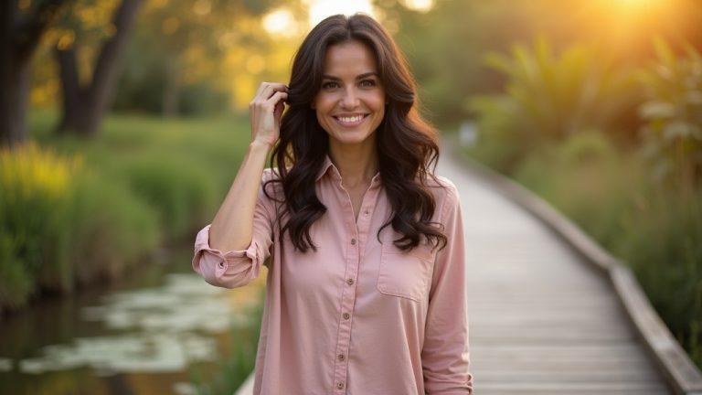 Woman walking outdoors on a Spring Creek Greenway trail with healthy, full hair on a sunny morning