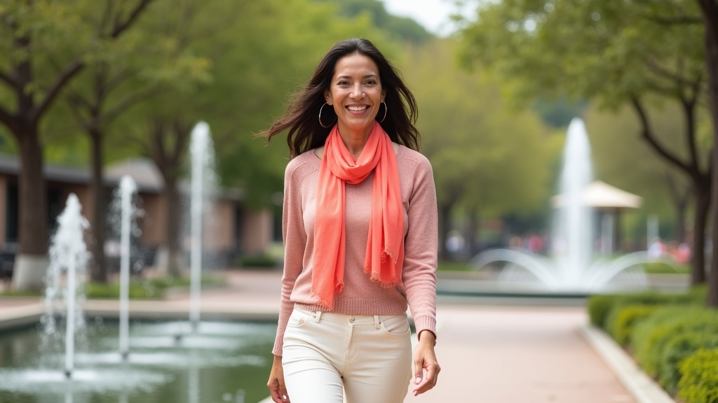 Confident woman with radiant skin after laser treatment walking at Town Green Park The Woodlands
