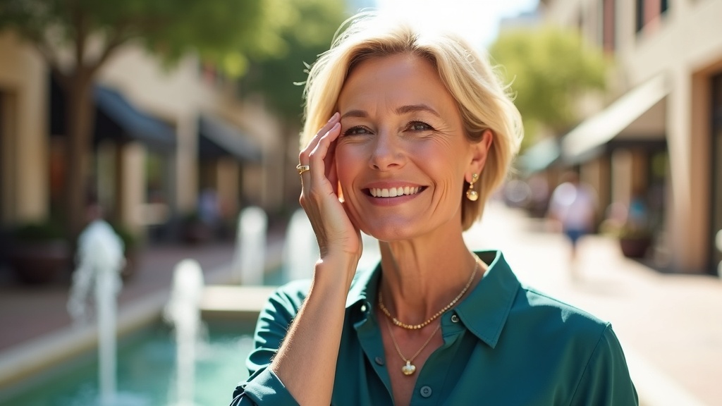 Woman showing clear luminous skin results from IPL vs laser treatment at Market Street The Woodlands