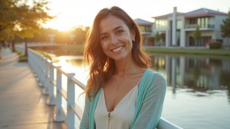 Woman with radiant glowing skin after IPL vs laser treatment at Hughes Landing waterfront in Spring TX