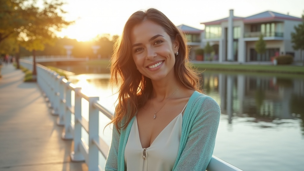 Woman with radiant glowing skin after IPL vs laser treatment at Hughes Landing waterfront in Spring TX